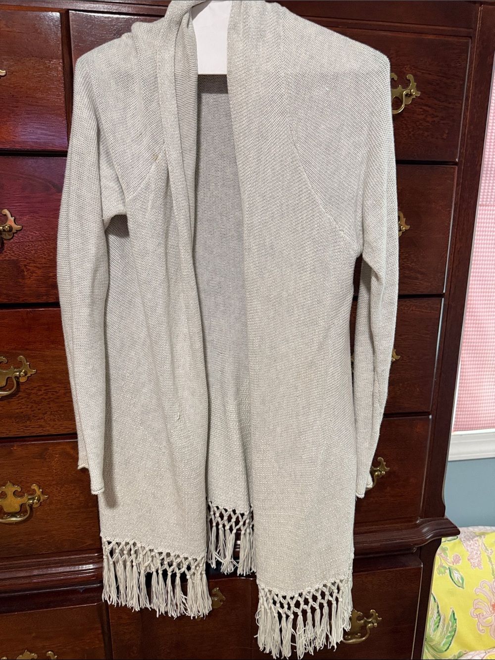 Open-Front Cream Fringe Knit Sweater Cardigan